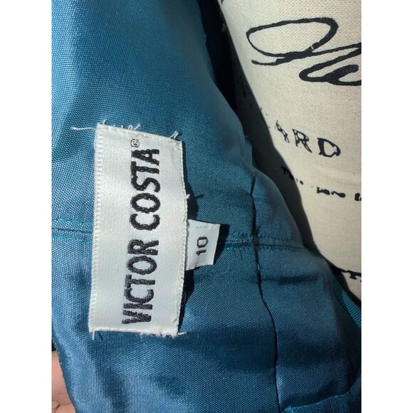 Vtg Victor Costa Teal Mermaid Gown w/ Peacock Feathers – Dramatic Train Size 10 - Picture 8 of 10